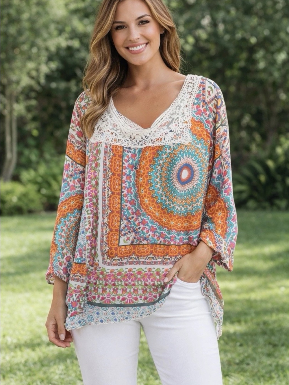 Johnny Was Sz xl Amazing Lace Boho Exquisite Art Long Silk Tunic Top